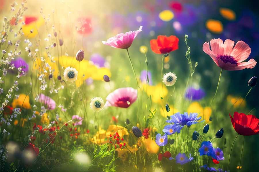 Wiosenna łąka pełna kwiatów - obrazy, fototapety, plakaty