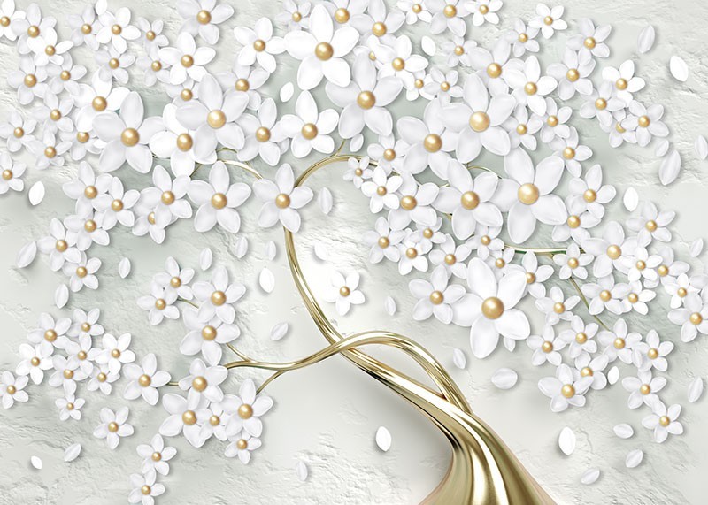 Fototapeta złote drzewo z białymi kwiatami - obrazy, fototapety, plakaty